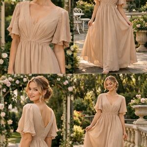 Chiffon Elegant Beige Maxi bridesmaid Dress